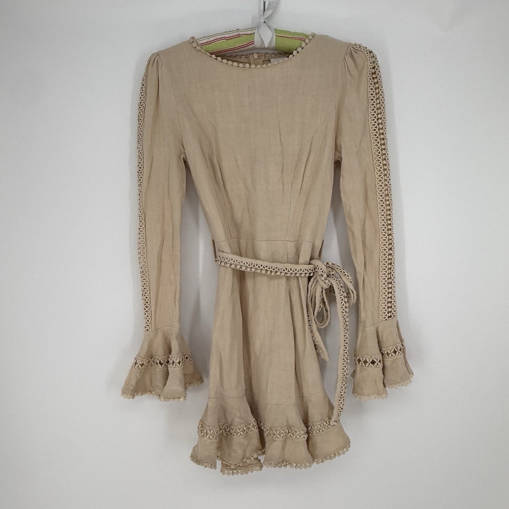 Selfie Leslie Beige Linen Mini Dress Crochet Lace Bell Sleeve Boho Fairy XS